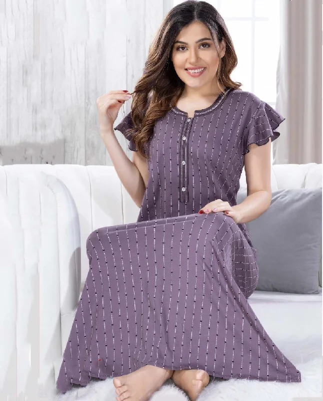 women's pajamas with a subtle shimmerBrown Printed Long Cotton Nighty for Ladies