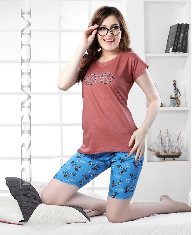 women's pajamas with drawstring waistPrinted Top and Blue Shorts Nightwear Set for ladies