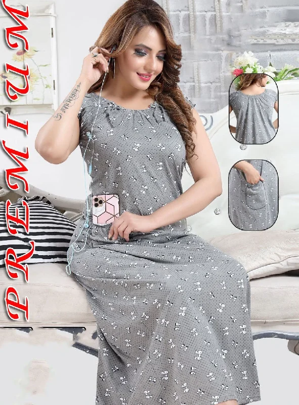 women's pajamas with a touch of whimsical funPure Cotton Printed Grey Nighty Nightwear for Woman