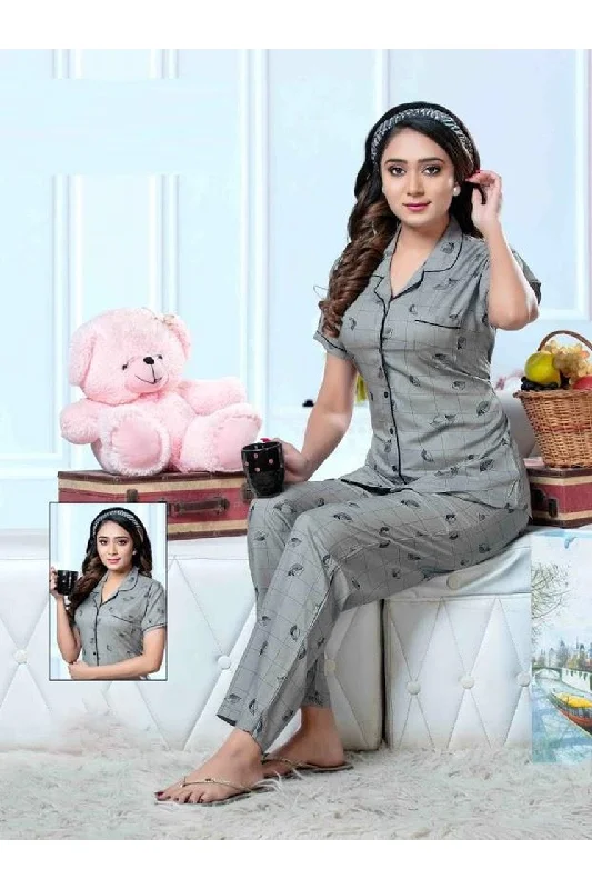 cozy women's flannel pajamasRayon Collar Women Grey Night Suit